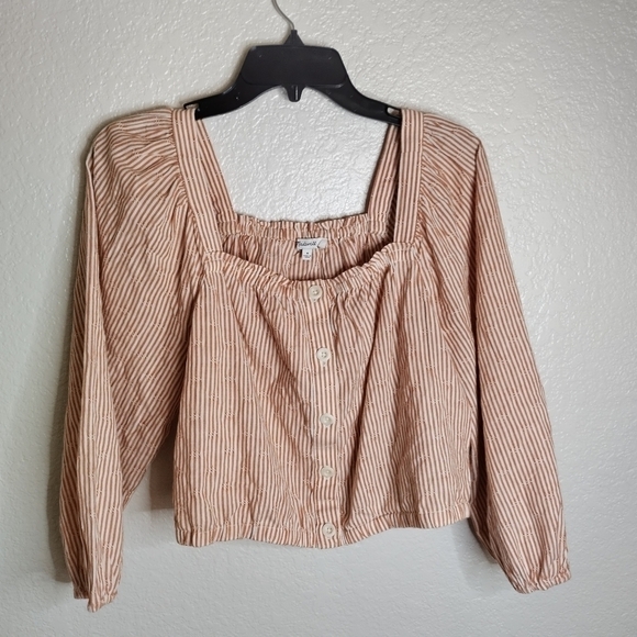 Madewell Puff-Sleeve Button-Front Crop Top in Embroidered Stripe sz M - Picture 2 of 8